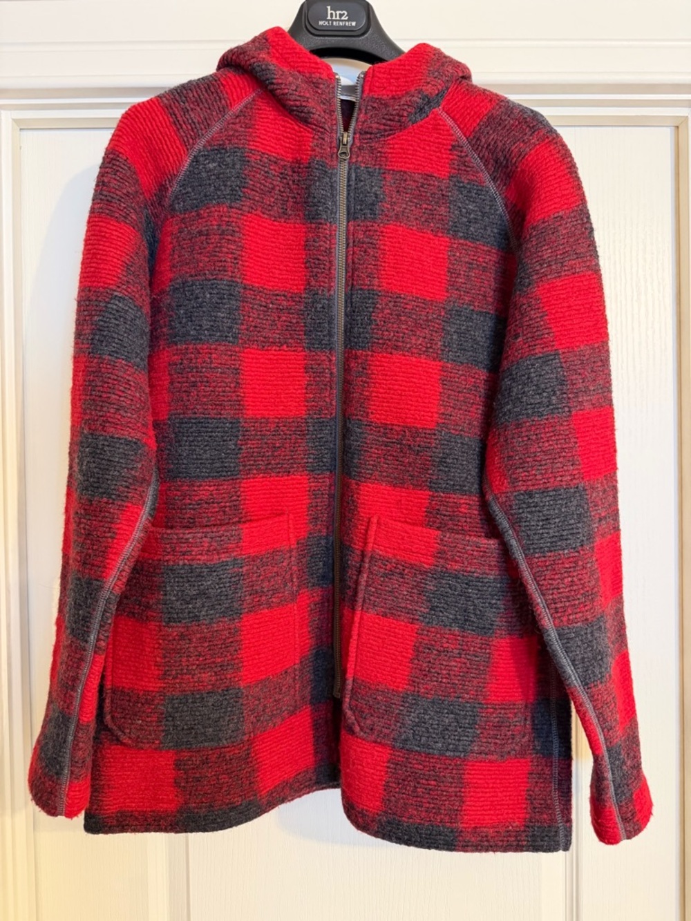 NWOT. Woolrich Red and Black Buffalo Check Wool Blend Zip Jacket with Hood